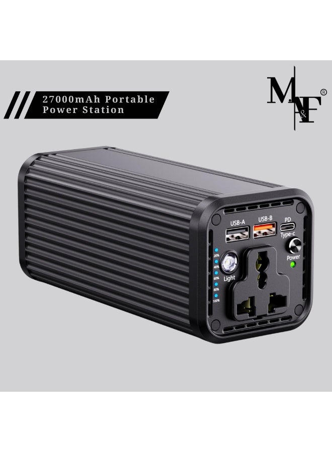 م.ا & ف'س محطة طاقة محمولة بسعة 27000 مللي أمبير مع منفذ تيار متردد و4 منافذ إخراج - بطارية طوارئ للسفر لأجهزة الكمبيوتر المحمولة (ماك بوك/إتش بي)، والطائرات بدون طيار، والكاميرات - متوافقة مع شواحن الطاقة الشمسية الخارجية، شحن سريع للتخييم في الإمارات العربية المتحدة وحالات الطوارئ - Image 1